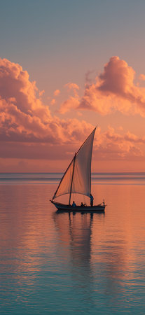 Sailboat cruising at sunset with a couple on board. Sailboat sailing on ocean water during a...