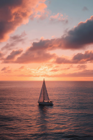 Sailboat cruising at sunset with a couple on board. Sailboat sailing on ocean water during a colorful cloudy sunset creating a romantic moodの写真素材