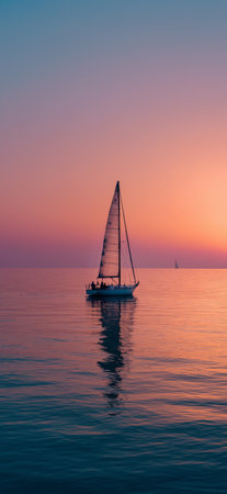Sailboat cruising at sunset with a couple on board. Sailboat sailing on ocean water during a colorful cloudy sunset creating a romantic moodの写真素材