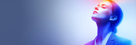 Businesswoman looking forward with future vision concept. Business wallpaper. Businesswoman bannerの写真素材