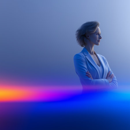 Businesswoman looking forward with future vision concept. Business wallpaper. Businesswoman bannerの写真素材