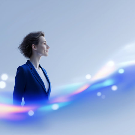 Businesswoman looking forward with future vision concept. Business wallpaper. Businesswoman bannerの写真素材