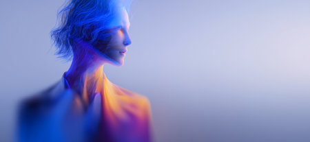 Businesswoman looking forward with future vision concept. Business wallpaper. Businesswoman bannerの写真素材