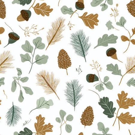 Watercolor forest elements seamless pattern on white background. Watercolor botanical pattern...