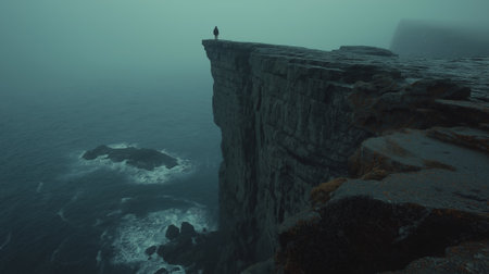 Figure on a cliff overlooking waves in a gloomy, mysterious, and atmospheric landscape. Lone figure standing on a cliff edge facing a dark, misty seaの写真素材