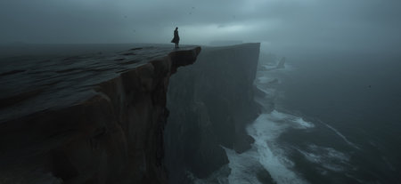 Figure on a cliff overlooking waves in a gloomy, mysterious, and atmospheric landscape. Lone figure standing on a cliff edge facing a dark, misty seaの写真素材