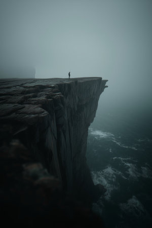 Figure on a cliff overlooking waves in a gloomy, mysterious, and atmospheric landscape. Lone figure standing on a cliff edge facing a dark, misty seaの写真素材