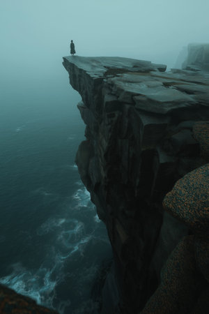 Figure on a cliff overlooking waves in a gloomy, mysterious, and atmospheric landscape. Lone figure...
