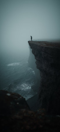 Figure on a cliff overlooking waves in a gloomy, mysterious, and atmospheric landscape. Lone figure standing on a cliff edge facing a dark, misty seaの写真素材