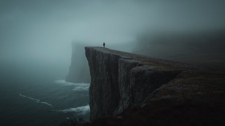 Figure on a cliff overlooking waves in a gloomy, mysterious, and atmospheric landscape. Lone figure standing on a cliff edge facing a dark, misty seaの写真素材