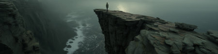 Figure on a cliff overlooking waves in a gloomy, mysterious, and atmospheric landscape. Lone figure standing on a cliff edge facing a dark, misty seaの写真素材