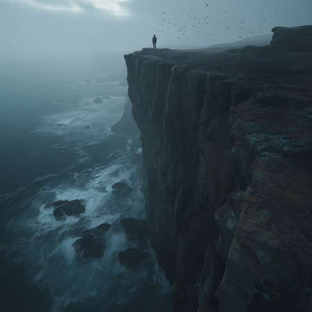Figure on a cliff overlooking waves in a gloomy, mysterious, and atmospheric landscape. Lone figure standing on a cliff edge facing a dark, misty seaの写真素材