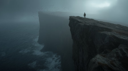 Figure on a cliff overlooking waves in a gloomy, mysterious, and atmospheric landscape. Lone figure...