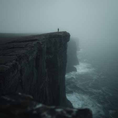 Figure on a cliff overlooking waves in a gloomy, mysterious, and atmospheric landscape. Lone figure standing on a cliff edge facing a dark, misty seaの写真素材