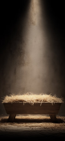 Empty wooden manger with straw receiving warm light, symbolizing birth and new beginnings. Wooden...
