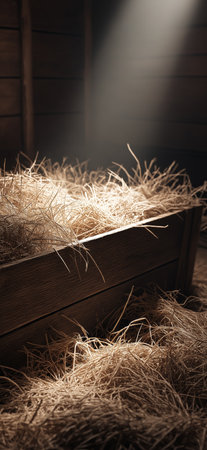Empty wooden manger with straw receiving warm light, symbolizing birth and new beginnings. Wooden...