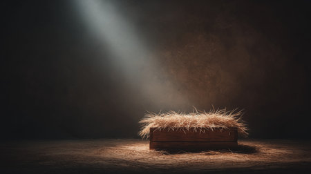 Empty wooden manger with straw receiving warm light, symbolizing birth and new beginnings. Wooden...