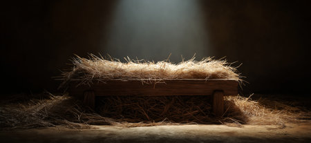 Empty wooden manger with straw receiving warm light, symbolizing birth and new beginnings. Wooden...