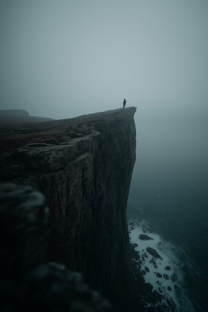 Figure on a cliff overlooking waves in a gloomy, mysterious, and atmospheric landscape. Lone figure standing on a cliff edge facing a dark, misty seaの写真素材