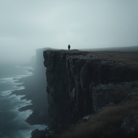 Figure on a cliff overlooking waves in a gloomy, mysterious, and atmospheric landscape. Lone figure standing on a cliff edge facing a dark, misty seaの写真素材