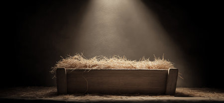 Empty wooden manger with straw receiving warm light, symbolizing birth and new beginnings. Wooden...