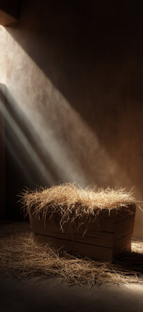 Empty wooden manger with straw receiving warm light, symbolizing birth and new beginnings. Wooden...