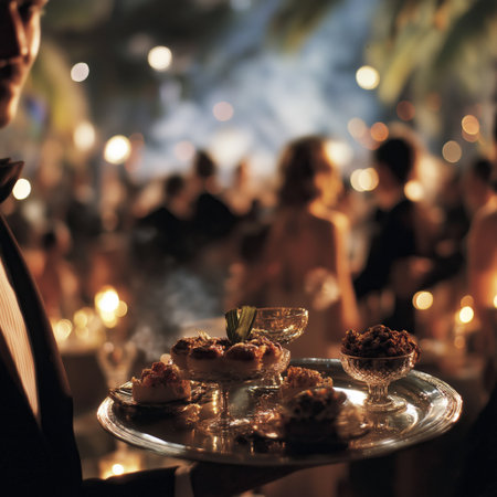 Waiter carrying a silver tray with drinks and food at a blurred, elegant party scene. Waiter carrying tray at glamorous partyの写真素材
