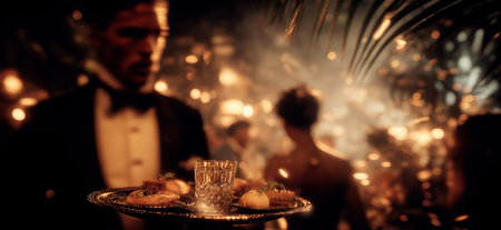 Waiter carrying a silver tray with drinks and food at a blurred, elegant party scene. Waiter...