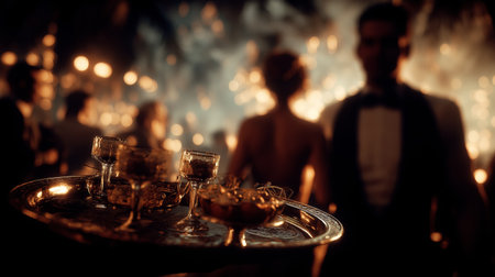 Waiter carrying a silver tray with drinks and food at a blurred, elegant party scene. Waiter carrying tray at glamorous partyの写真素材