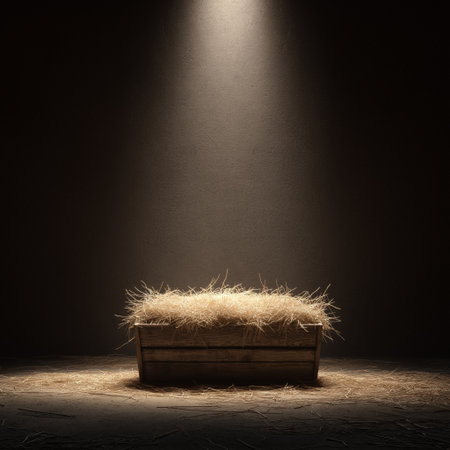 Empty wooden manger with straw receiving warm light, symbolizing birth and new beginnings. Wooden manger with straw under soft spot lightの写真素材