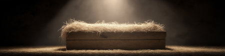 Empty wooden manger with straw receiving warm light, symbolizing birth and new beginnings. Wooden manger with straw under soft spot lightの写真素材