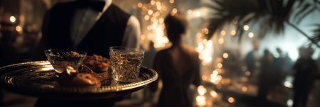 Waiter carrying a silver tray with drinks and food at a blurred, elegant party scene. Waiter carrying tray at glamorous partyの写真素材