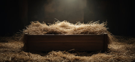 Empty wooden manger with straw receiving warm light, symbolizing birth and new beginnings. Wooden manger with straw under soft spot lightの写真素材
