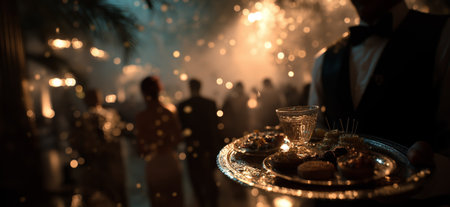 Waiter carrying a silver tray with drinks and food at a blurred, elegant party scene. Waiter carrying tray at glamorous partyの写真素材