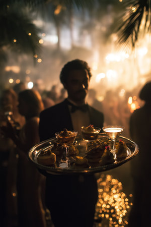 Waiter carrying a silver tray with drinks and food at a blurred, elegant party scene. Waiter carrying tray at glamorous partyの写真素材