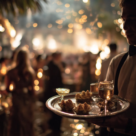 Waiter carrying a silver tray with drinks and food at a blurred, elegant party scene. Waiter carrying tray at glamorous partyの写真素材