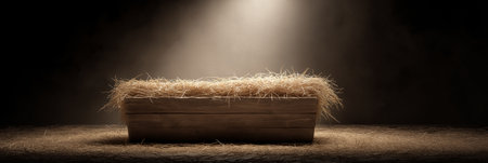 Empty wooden manger with straw receiving warm light, symbolizing birth and new beginnings. Wooden...