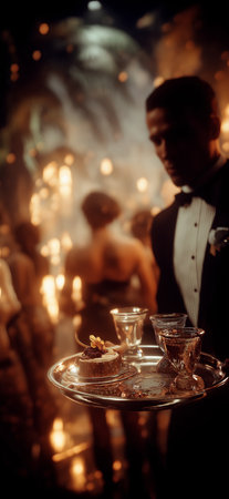 Waiter carrying a silver tray with drinks and food at a blurred, elegant party scene. Waiter carrying tray at glamorous partyの写真素材