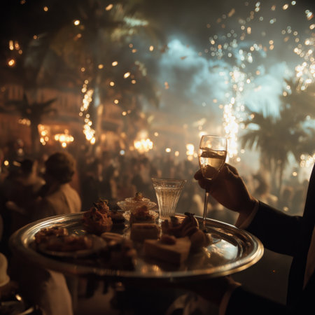 Waiter carrying a silver tray with drinks and food at a blurred, elegant party scene. Waiter carrying tray at glamorous partyの写真素材