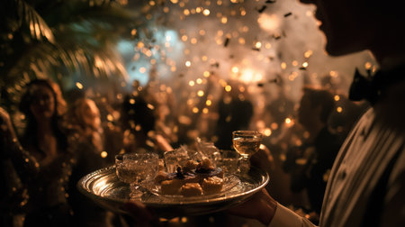 Waiter carrying a silver tray with drinks and food at a blurred, elegant party scene. Waiter carrying tray at glamorous partyの写真素材