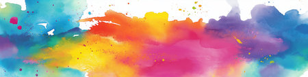 Watercolor paint creating bright, multicolored splatters and blotches on a clean white surface....