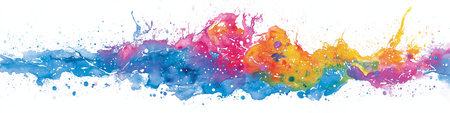 Watercolor paint creating bright, multicolored splatters and blotches on a clean white surface....