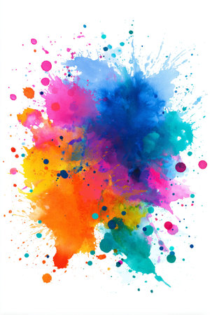 Watercolor paint creating bright, multicolored splatters and blotches on a clean white surface....