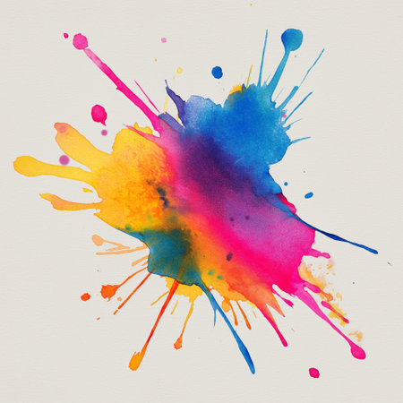 Watercolor paint creating bright, multicolored splatters and blotches on a clean white surface. Watercolor splashing creating vibrant colorful abstract backgroundの写真素材
