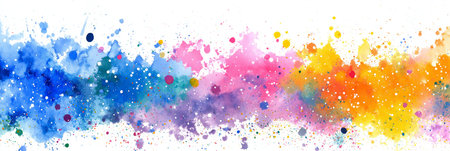 Watercolor paint creating bright, multicolored splatters and blotches on a clean white surface....