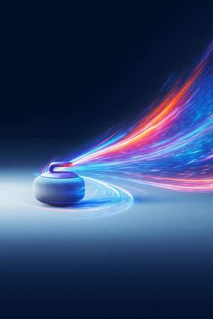 Curling wallpaper. Curling stone banner with dynamic colorful energetic light trails