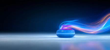 Curling wallpaper. Curling stone banner with dynamic colorful energetic light trails