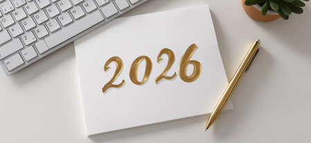 2026 year written in gold on white paper for future planning. Next year 2026 concept on textured paper with a golden pen, top viewの写真素材