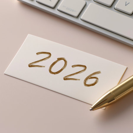 2026 year written in gold on white paper for future planning. Next year 2026 concept on textured paper with a golden pen, top viewの写真素材
