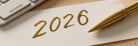 2026 year written in gold on white paper for future planning. Next year 2026 concept on textured paper with a golden pen, top viewの写真素材